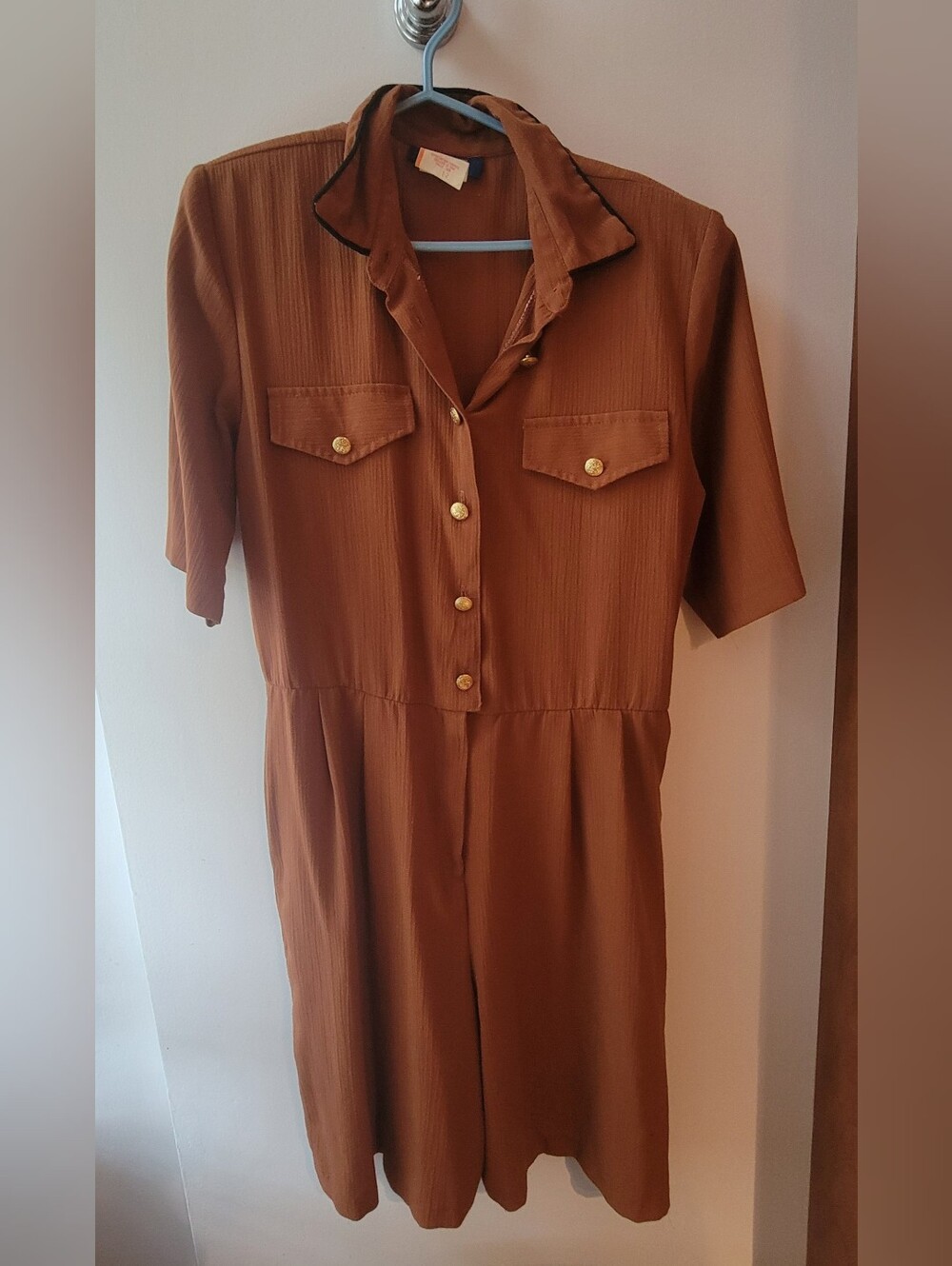 Women’s Tan Short-Sleeve Jumpsuit with Gold Buttons
